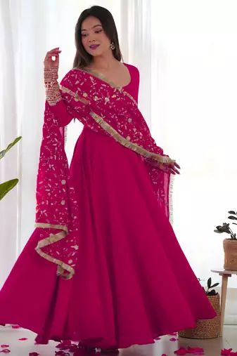 Pink georgette gown duppta full set with pent ready to wear