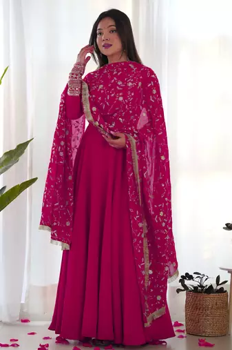 Pink georgette gown duppta full set with pent ready to wear