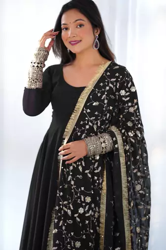 Black georgette gown duppta full set with pent ready to wear