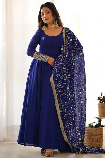 Blue georgette gown duppta full set with pent ready to wear