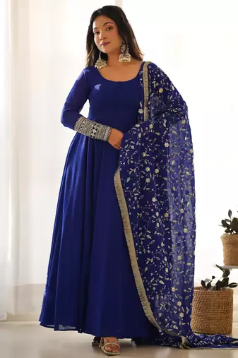 Blue georgette gown duppta full set with pent ready to wear