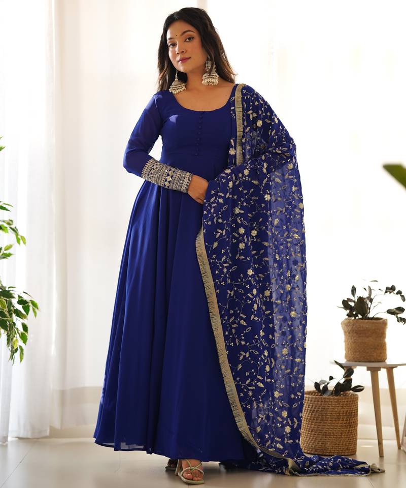 Blue georgette gown duppta full set with pent ready to wear