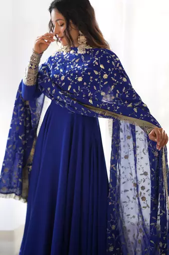 Blue georgette gown duppta full set with pent ready to wear