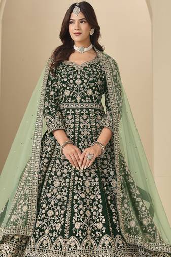 green velvet anarkali suits with heavy embroidery work