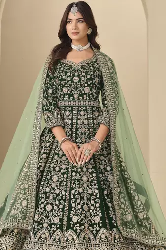 green velvet anarkali suits with heavy embroidery work