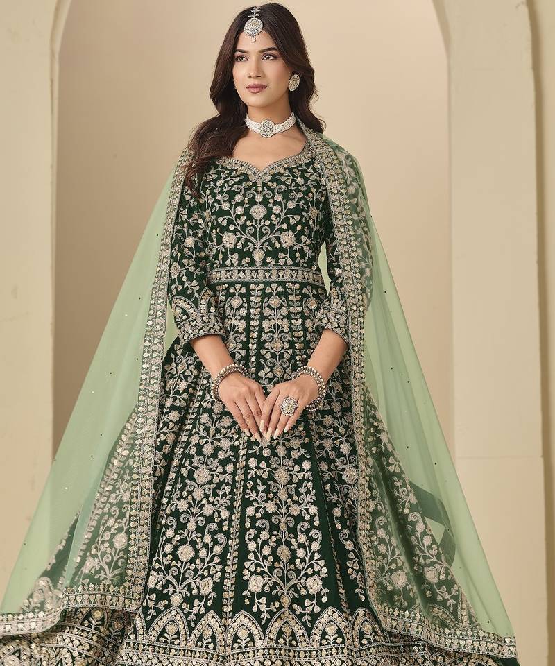green velvet anarkali suits with heavy embroidery work