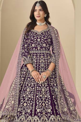 Purple velvet semi stitched anarkali suits with heavy embroidery work