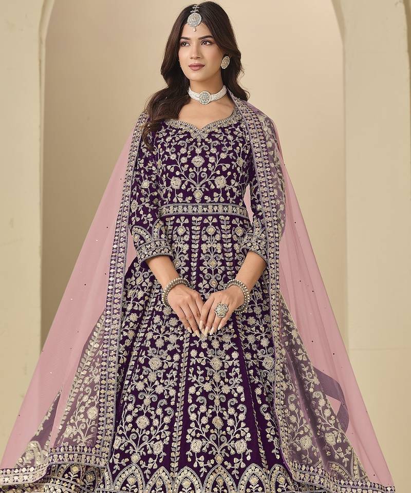 Purple velvet semi stitched anarkali suits with heavy embroidery work