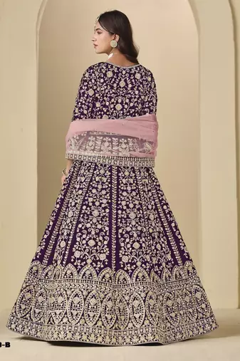 Purple velvet anarkali suits with heavy embroidery 