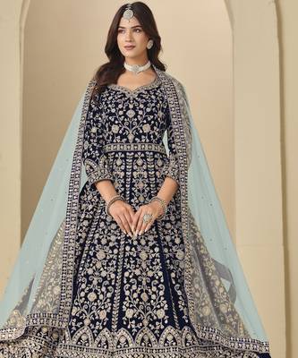 Navy velvet anarkali suits with heavy embroidery  1