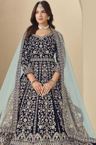 Navy velvet semi stitched anarkali suits with heavy embroidery work