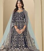 Navy velvet semi stitched anarkali suits with heavy embroidery work