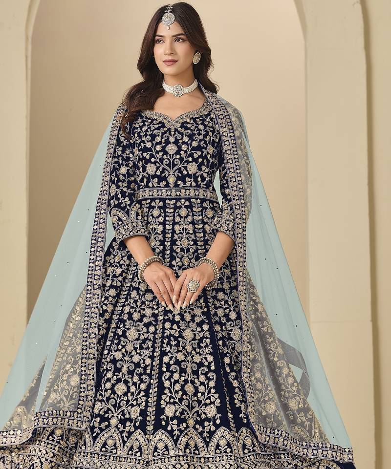 Navy velvet semi stitched anarkali suits with heavy embroidery work