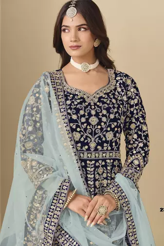 Navy velvet anarkali suits with heavy embroidery 