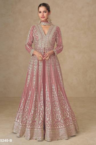 Peach chinon free size stitched anarkali suits with embroidery & sequence work