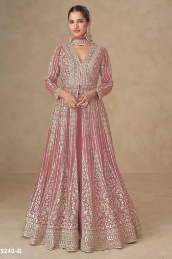 Peach chinon free size stitched anarkali suits with embroidery & sequence work