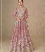 Peach chinon free size stitched anarkali suits with embroidery & sequence work