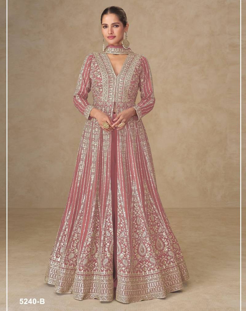 Peach chinon free size stitched anarkali suits with embroidery & sequence work