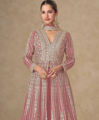 Peach chinon free size stitched anarkali suits with embroidered sequin  2