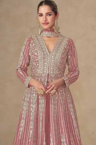 Peach chinon free size stitched anarkali suits with embroidered sequin 