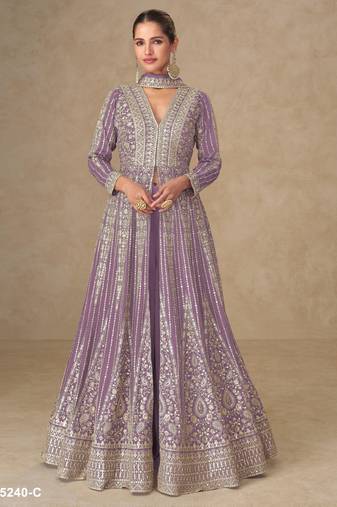 Lavender chinon free size stitched anarkali suits with embroidery & sequence work