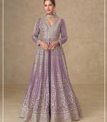 Lavender chinon free size stitched anarkali suits with embroidery & sequence work