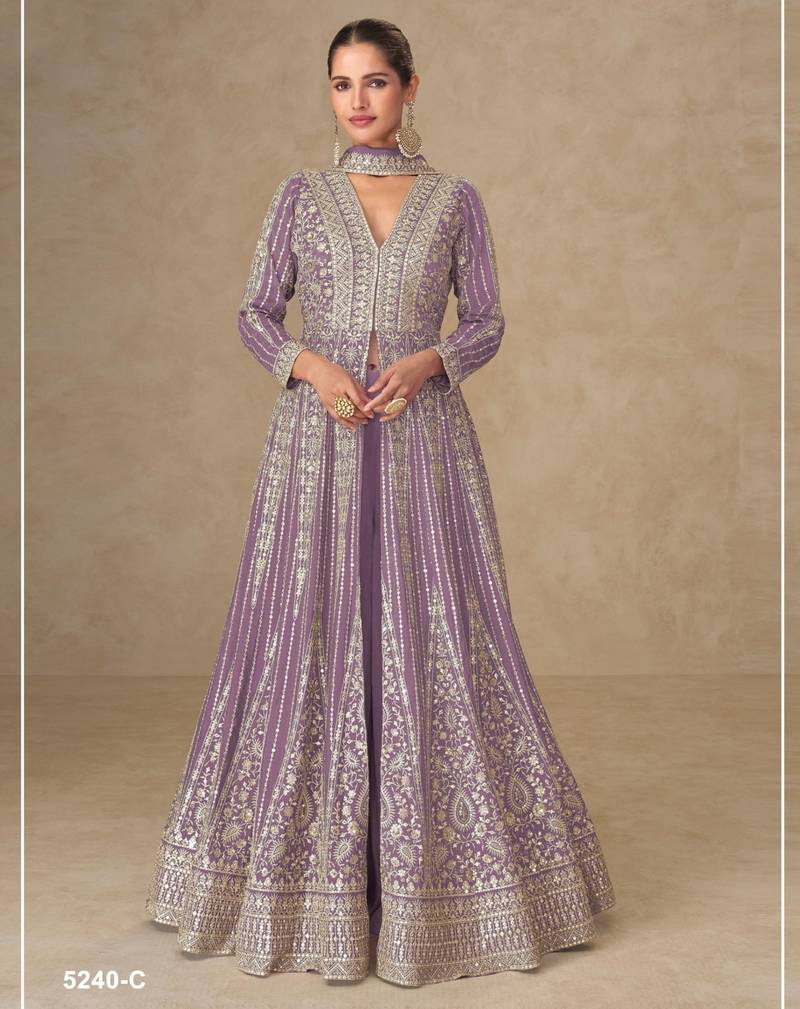 Lavender chinon free size stitched anarkali suits with embroidery & sequence work