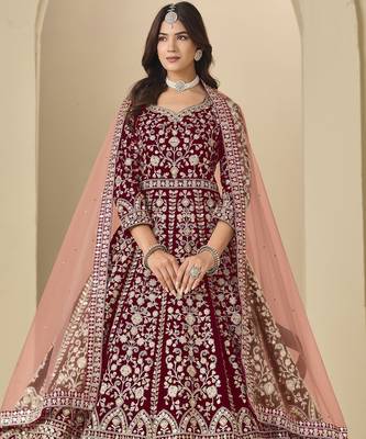 Red velvet anarkali suits with heavy embroidery  1