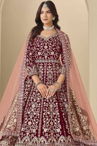 Red velvet semi stitched anarkali suits with heavy embroidery work