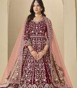 Red velvet semi stitched anarkali suits with heavy embroidery work