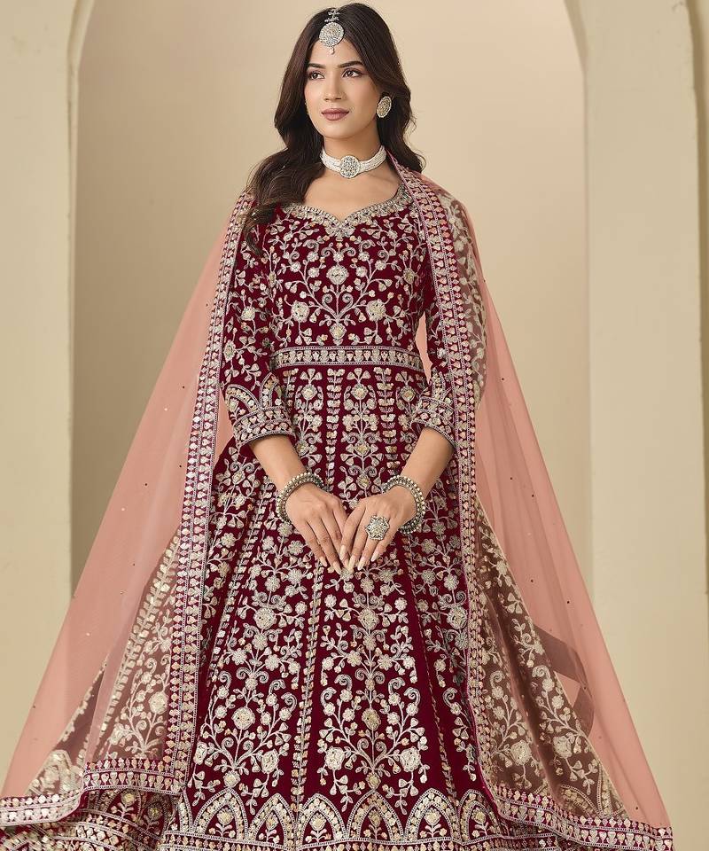 Red velvet semi stitched anarkali suits with heavy embroidery work