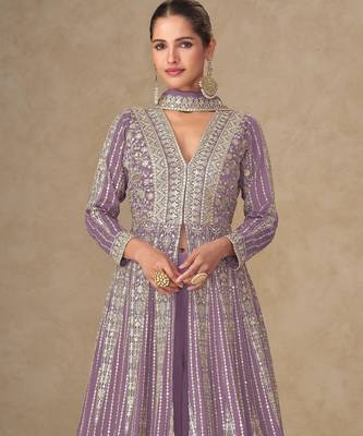 Lavender chinon free size stitched anarkali suits with embroidered sequin  2