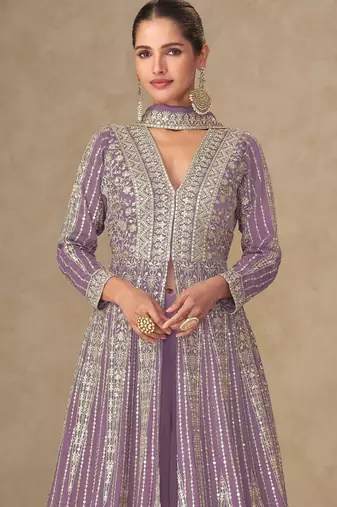 Lavender chinon free size stitched anarkali suits with embroidered sequin 
