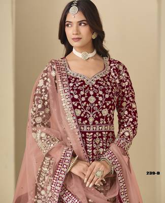 Red velvet anarkali suits with heavy embroidery  2