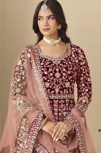 Red velvet anarkali suits with heavy embroidery 