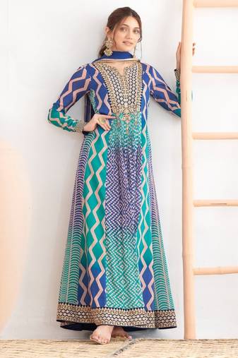 Blue chinon free size stitched anarkali suits with embroidery & sequence work