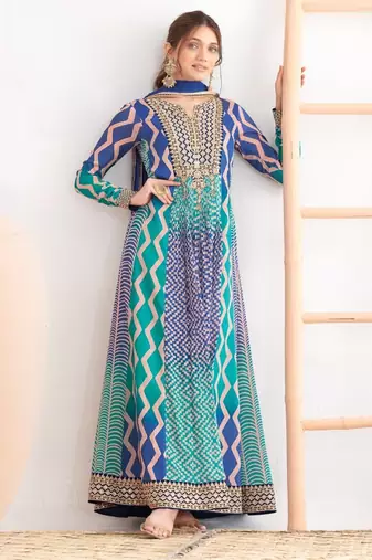 Blue chinon free size stitched anarkali suits with embroidery & sequence work