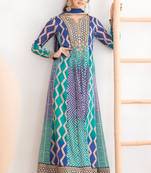 Blue chinon free size stitched anarkali suits with embroidery & sequence work