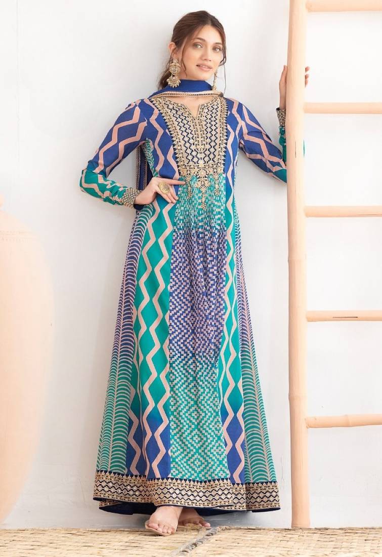 Blue chinon free size stitched anarkali suits with embroidery & sequence work