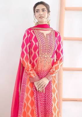 pink chinon anarkali suits with embroidered sequin - full stitched free size 2