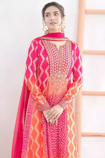pink chinon anarkali suits with embroidered sequin - full stitched free size