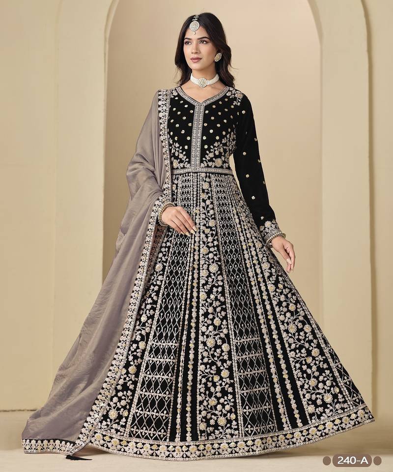 black velvet anarkali suits with heavy embroidery work