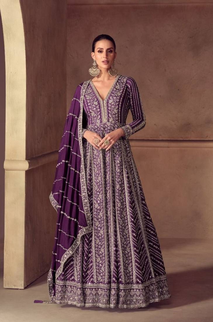 Red chinon free size stitched anarkali suits with embroidery & sequence work