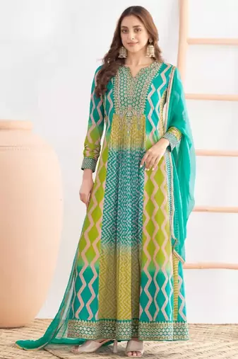 Green chinon free size stitched anarkali suits with embroidery & sequence work