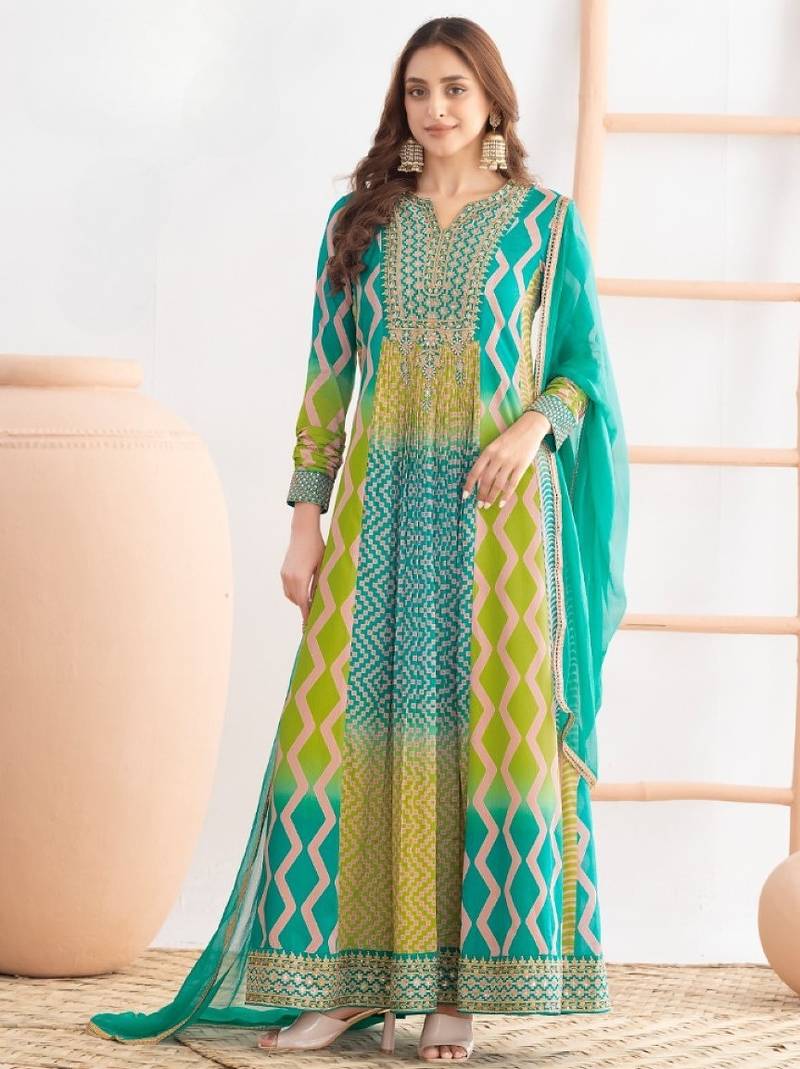Green chinon free size stitched anarkali suits with embroidery & sequence work