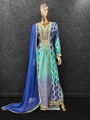 Blue chinon free size stitched anarkali suits with embroidered sequin  2