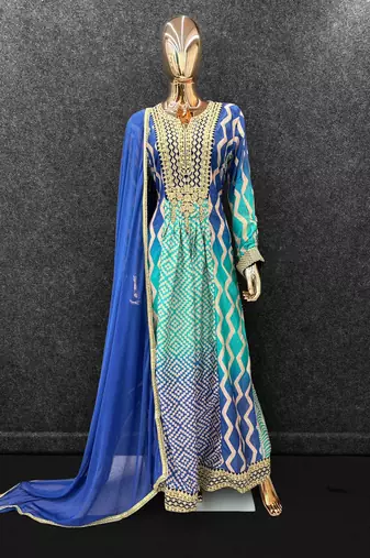 Blue chinon free size stitched anarkali suits with embroidered sequin 