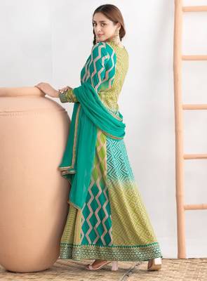 Green chinon free size stitched anarkali suits with embroidery & sequence work 2