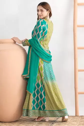 Green chinon free size stitched anarkali suits with embroidered sequin 