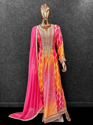 pink chinon anarkali suits with embroidered sequin - full stitched free size 3
